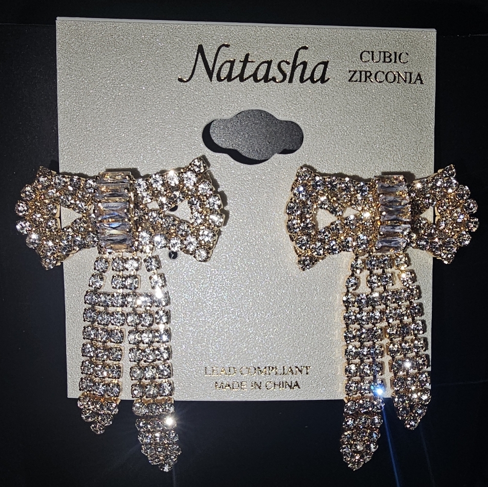 Natasha Brand Elegant Gold and Clear CZ Bow Earrings